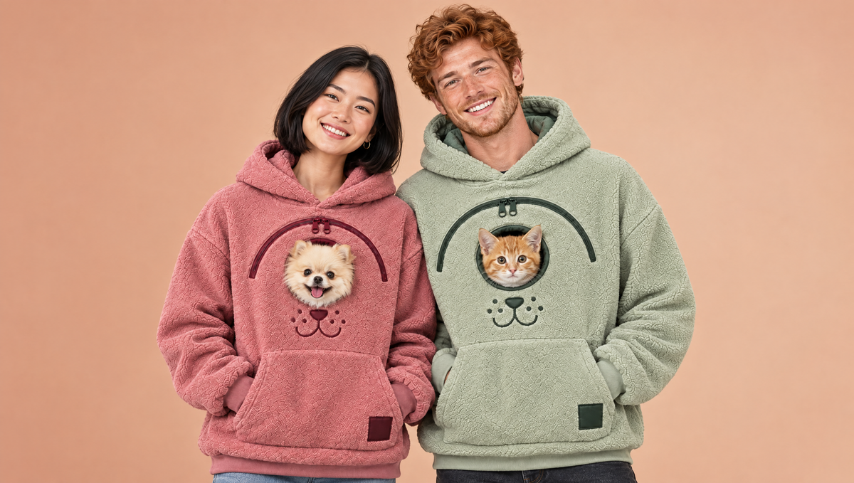 Paar im Pfotenvoll Hoodie mit Hund und Katze in der Bauchtasche