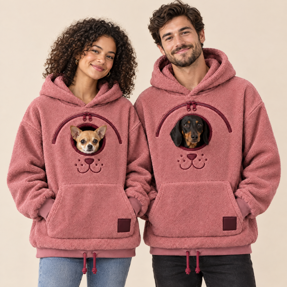 Pfotenvoll Hoodie in Altrosa mit Hund in der Bauchtasche